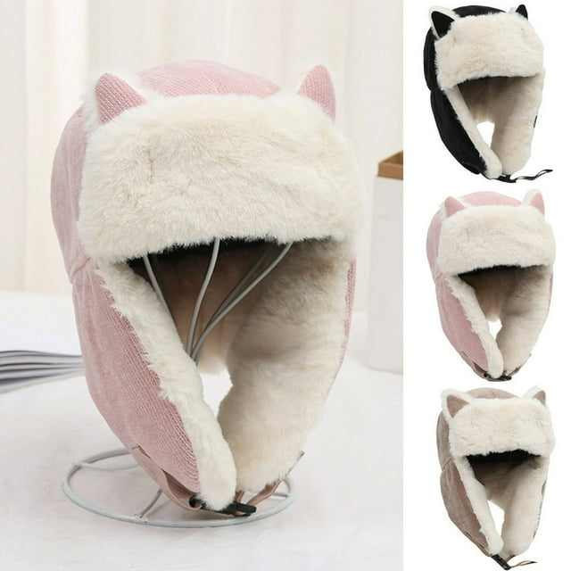 JUNWELL Bonnet d'Hiver pour Femmes avec Oreilles de Chat, Mignon Bonnet Tricoté Chat, Bonnet d'Hiver en Tricot avec Cache-Oreilles Torsadés pour Femmes et Filles pour l'Extérieur