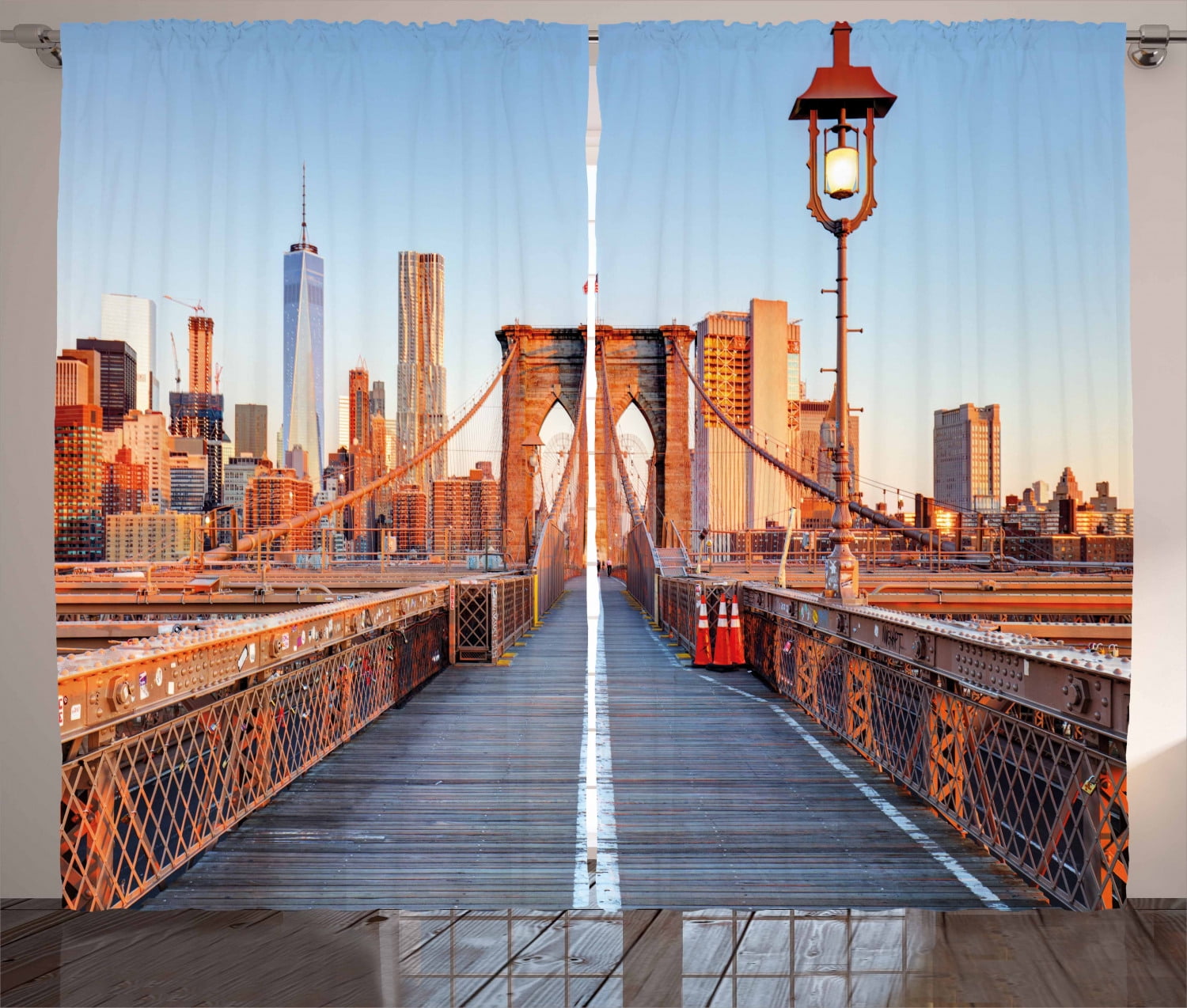 City Curtains 2 Panels Set, New York Skyline Closeup Brooklyn Bridge in