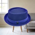 thumbnail image 4 of Summer Mesh Pie Hat for Men Breathable Straw Fedora Trilby Short Brim Sun Hat for Beach Travel Party Blue Free Size, 4 of 7