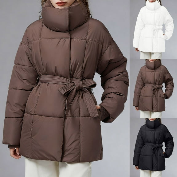 jtjvou Women's Quilted Puffer Jacket Long Sleeve Lapel Zip Open Front Puffy Padded Coat Winter Warm Outwear with Belt Black L