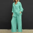 thumbnail image 2 of Ersazi Pajamas Pants Spring And Summer V-Neck Loose Lapel Long Sleeved Shirt Wide Leg Pants Color Set Green Xxxl, 2 of 6