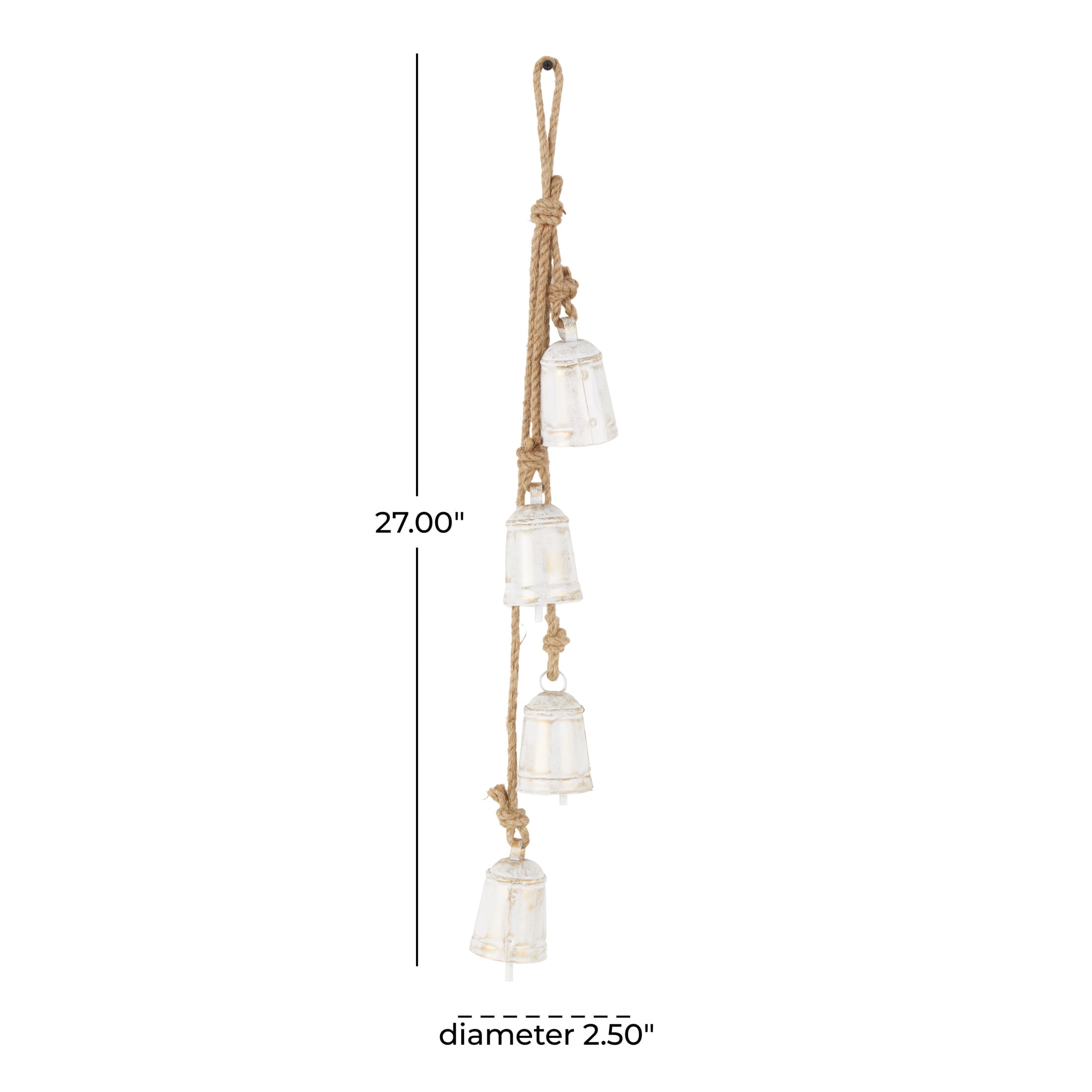 DecMode Tibetan Inspired Cascading White Metal Cylindrical Decorative Bells with 4 Bells on Jute Hanging Rope