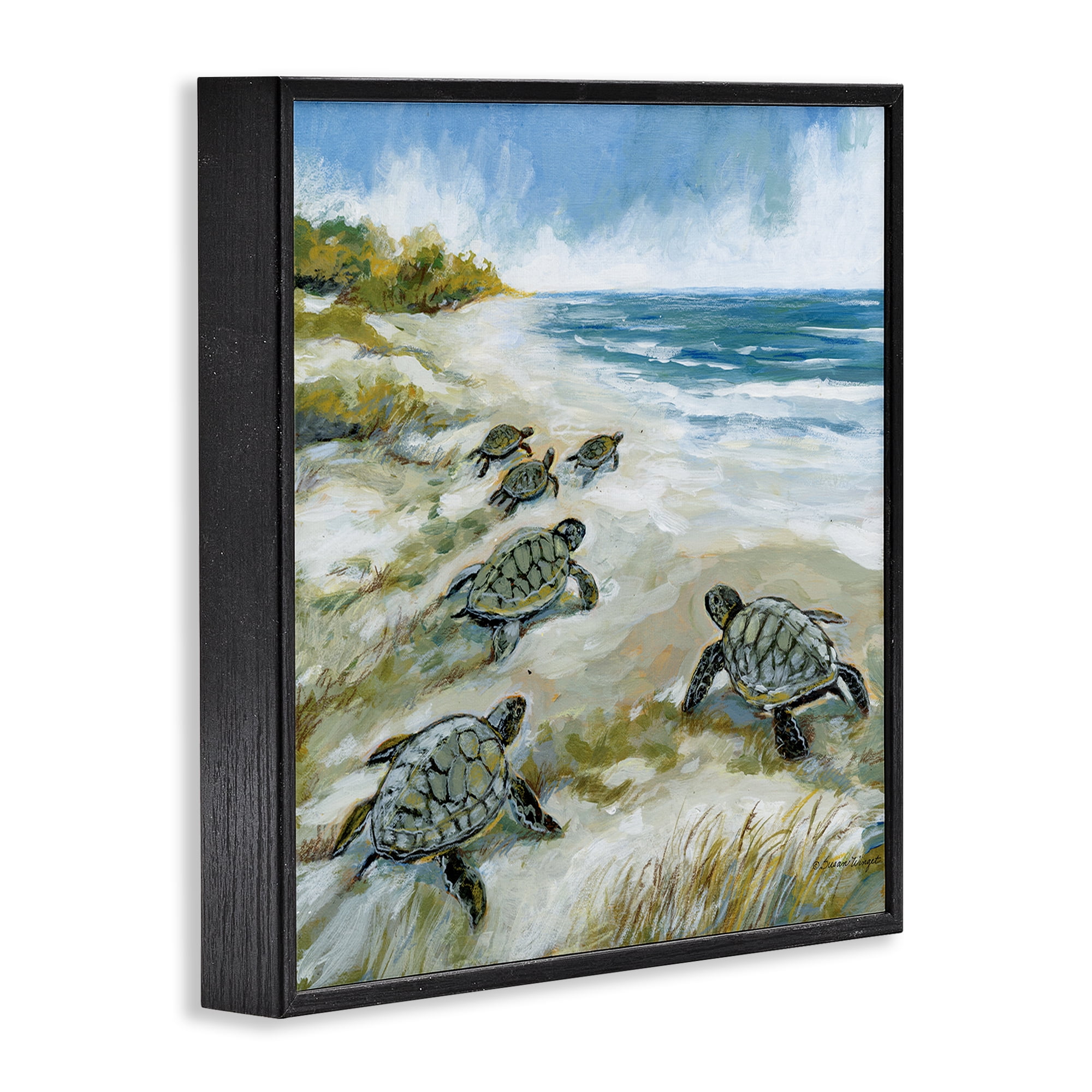 Stupell Industries Baby Sea Turtles on Beach Black Framed Giclee Art, design by Susan Winget