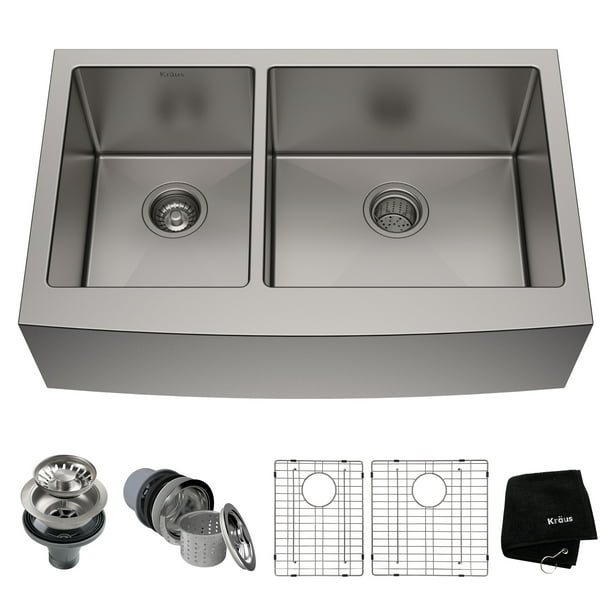 KRAUS Standart PRO 33-inch 16 Gauge 60/40 Double Bowl Stainless Steel Farmhouse Kitchen Sink ...