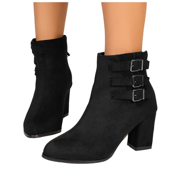 Rokment Ladies Buckles High Heel Dress Boots Fall Winter Fashion Suede Chunky Block Heeled Dressy Ankle Short Booties for Women Business Offce Work