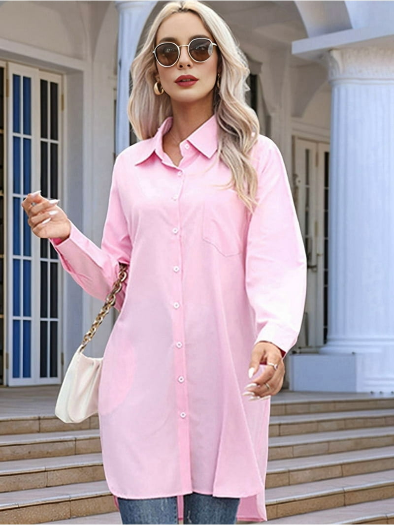 oversized blouse shirt dress Women'S Casual Shirt Dress Collar V Neck Button Down Loose Long Sleeve Mini Dresses Blue XL