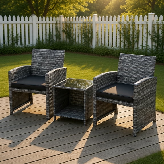 Yardi Yard 3 Pieces Patio Furniture Set with Tempered Glass Coffee Table and Soft Seat Cushions, Patio Conversation Set for Outdoor as Yard, Black