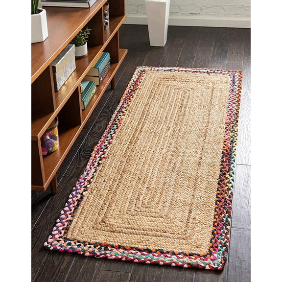 DecorAvenue Hand Woven Braided Farmhouse Cotton Jute Area Rug Natural Multi Border Color 2 ft x 3 ft
