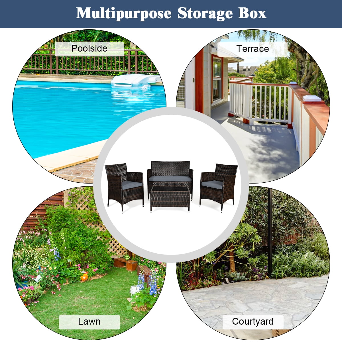 Costway 4PCS Outdoor Patio Rattan Furniture Set Table Shelf Sofa W/ Gray Cushions