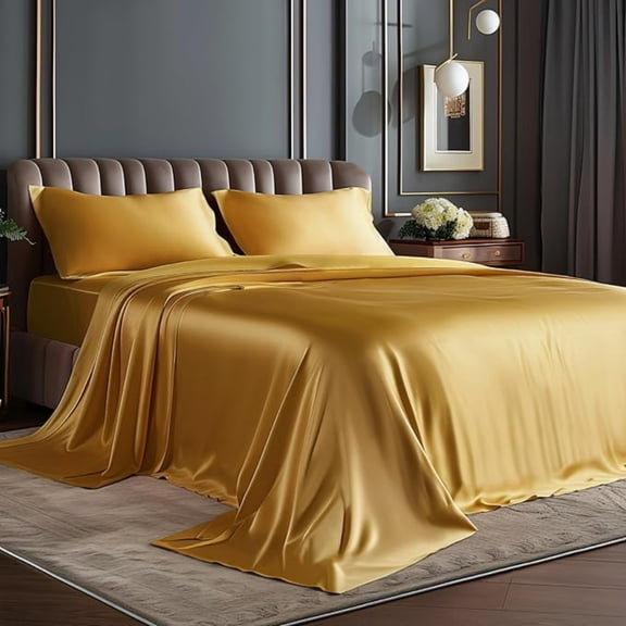 California Sheets Set, Luxury Soft Gold Satin Sheets for Hair and Skin, Similar to Silk Bed Sheets Set 4 Pieces with 1 Deep Pocket Fitted Sheet, 1 Flat Sheet, and 2 Pillowcases