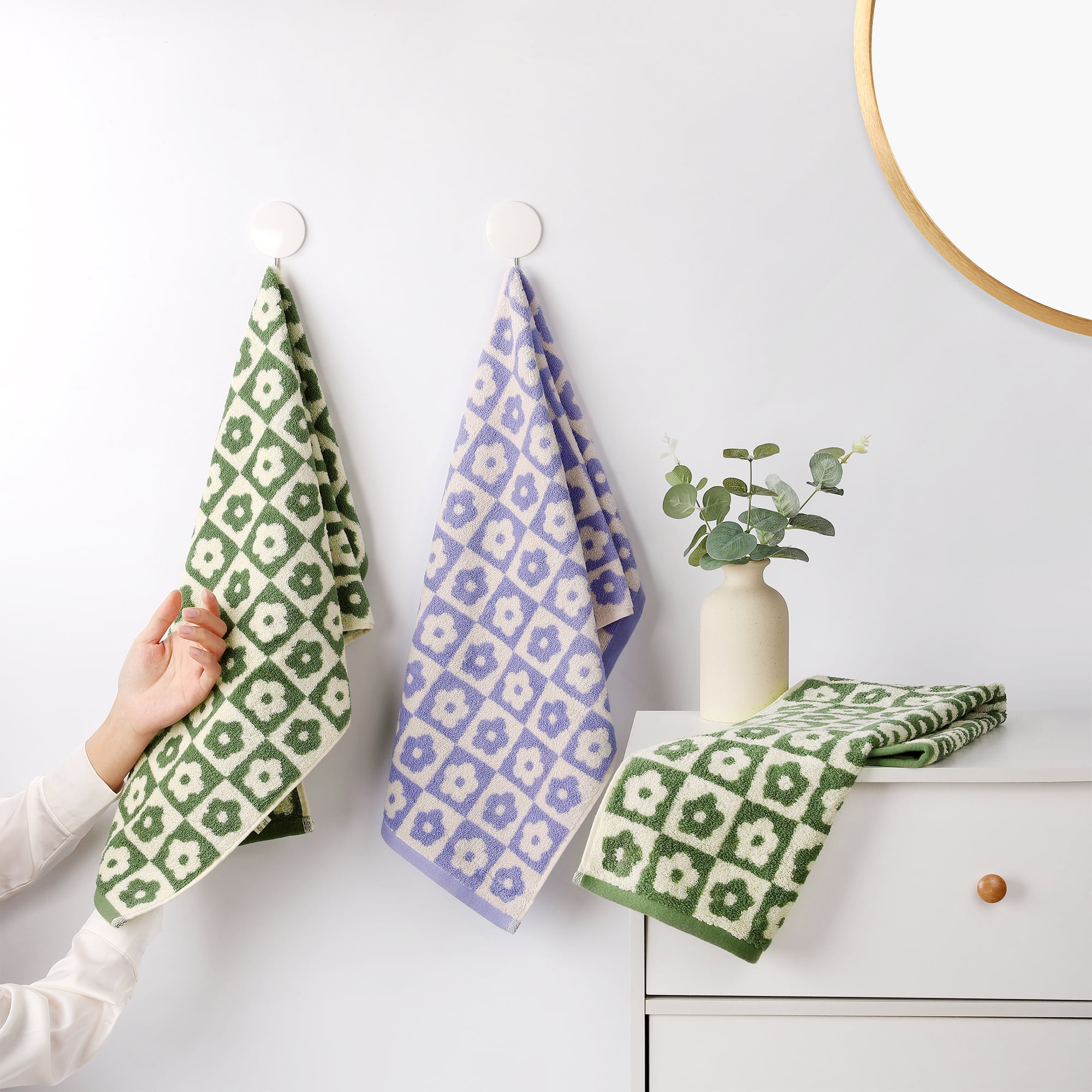 Unique Bargains Checkered Floral Hand Towels Soft Absorbent Bathroom Towel Purple 4-Piece