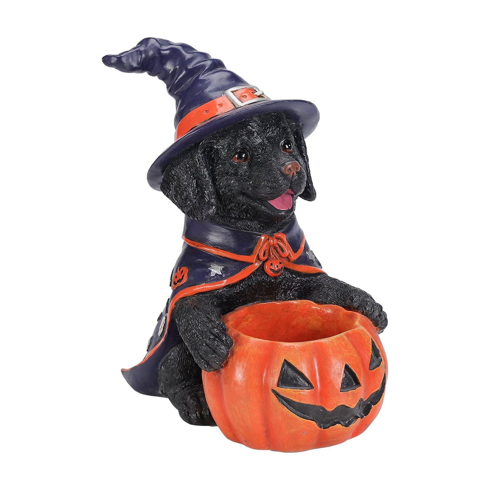 Labrador Puppy Halloween Candy Bowl with Witch Costume Pumpkin Holder Resin Tabletop Decor