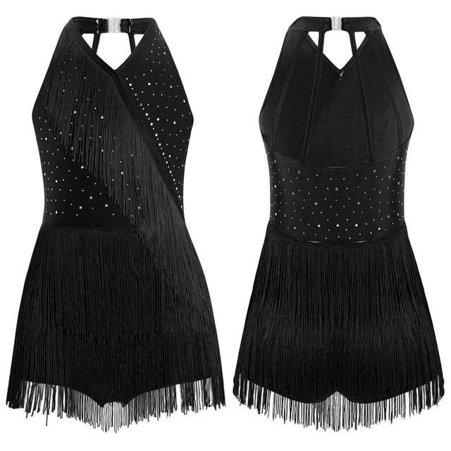 Miaeowve Robe de Danse Latine à Franges pour Filles Jazz Tango Rumba Costumes de Danse Justaucorps de Salon Noir 14