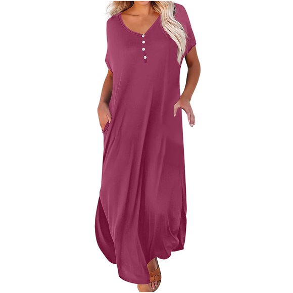 fartey Robe Maxi pour Femmes à Boutons, Couleur Unie, Coupe Décontractée et Fluide, avec Poches, Été 2025, Manches Courtes, Col en V, Robes d'Été