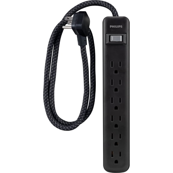Philips 6-Outlet Surge Protector Power Strip with 3ft Braided Cord, 720 Joules, Black