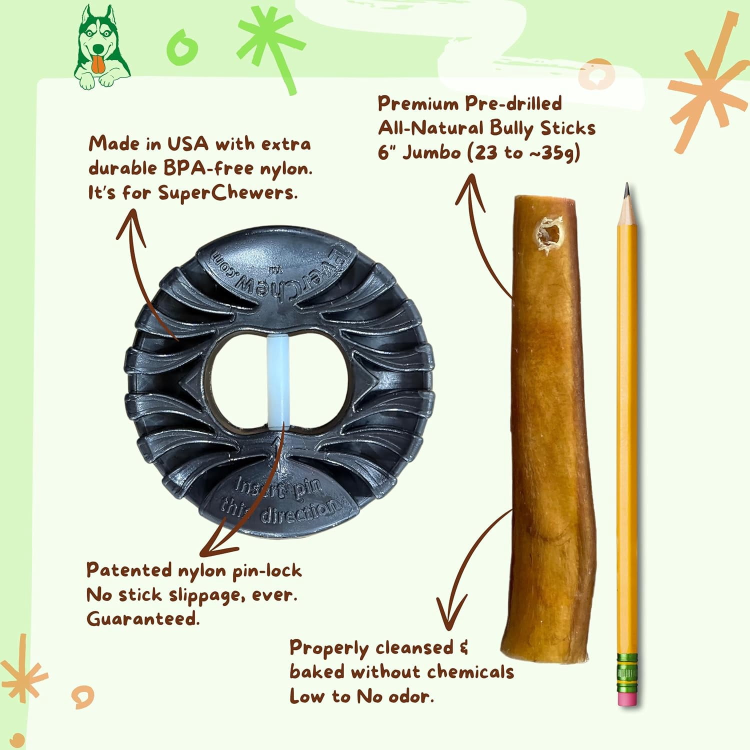 Anti-Choking Bully Stick Holder for Large Dogs 40+ lbs - USA Made Indestructible Pin-Lock SuperChew + Jumbo 6" Grass-Fed Stick | Labs, Shepherds