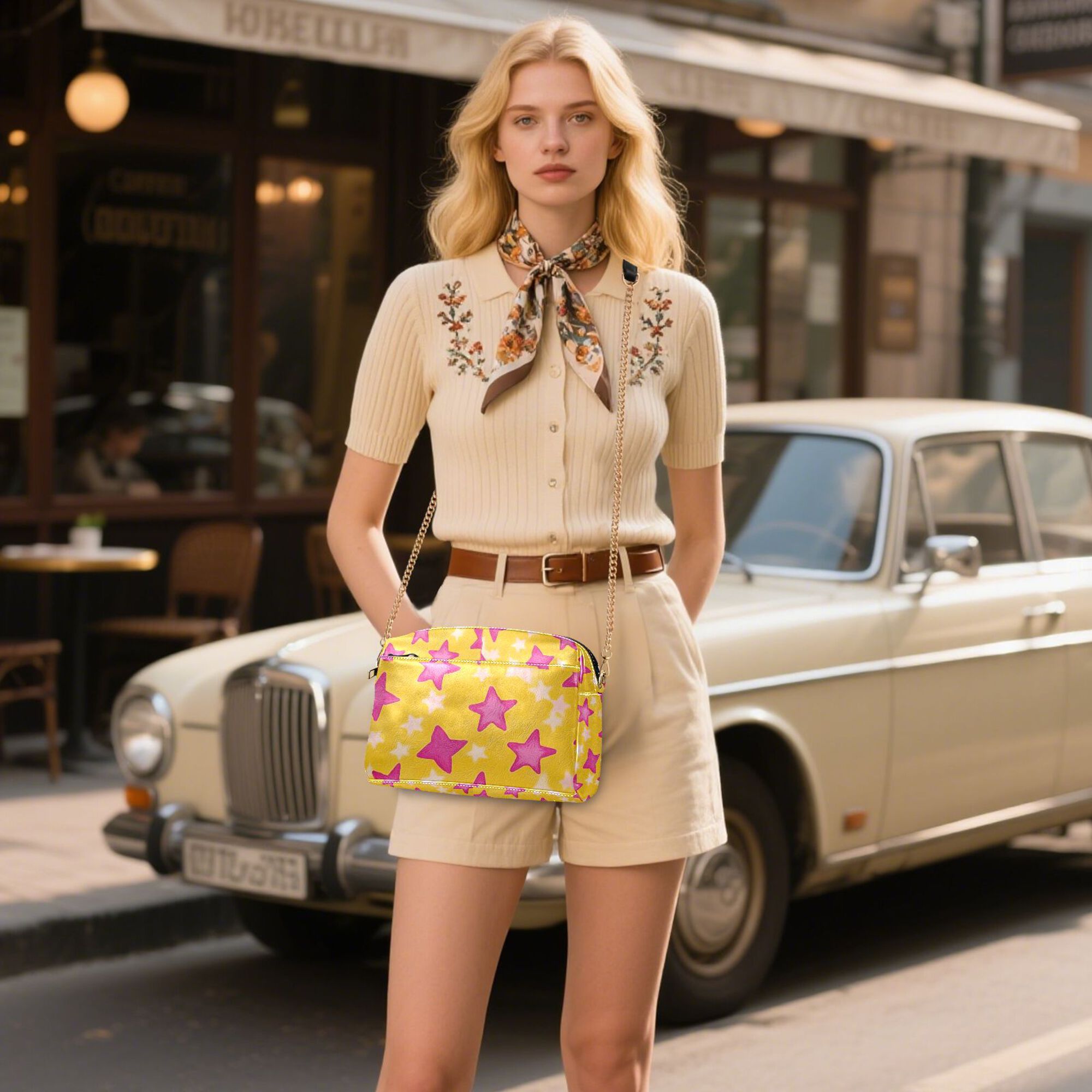 FORMRS Women Crossbody Purse with Chain Strap Vegan Leather Shoulder Handbag, Large Pink Stars