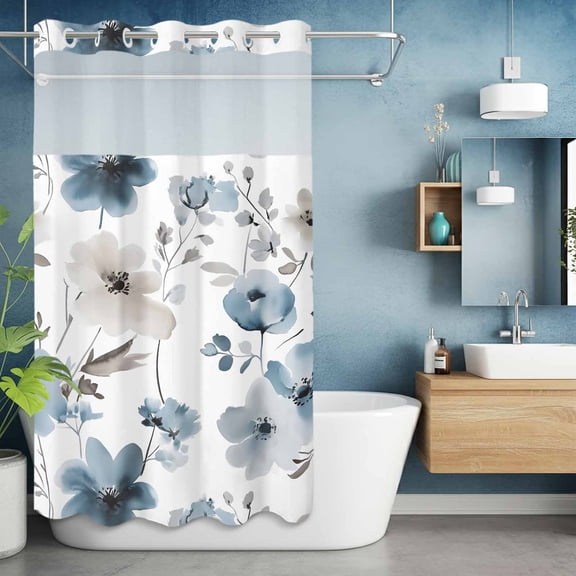 No Hook Shower Curtain with Snap in Liner, Blue Light Brown Flower Leaves Waterproof Fabric Bathroom Curtain Mesh Top Window, Spring Floral Shower Curtains 36x72in