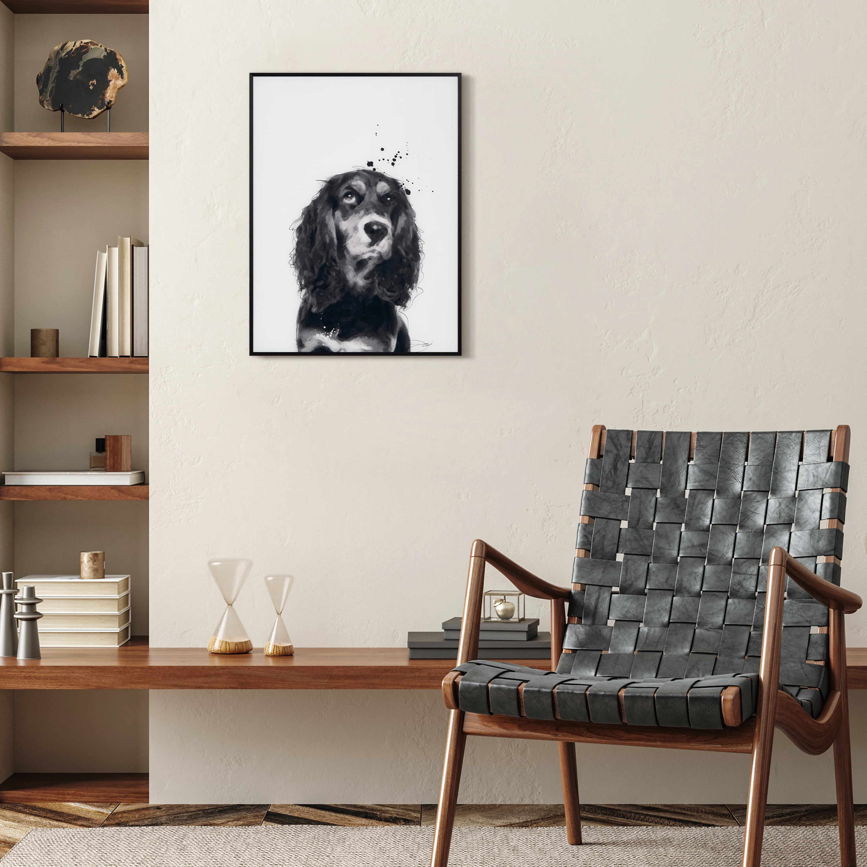 "Cocker Spaniel" Black and White Pet Portraits on Reverse Printed Art Glass, Minimally Encased on Black Anodized Aluminum Frame