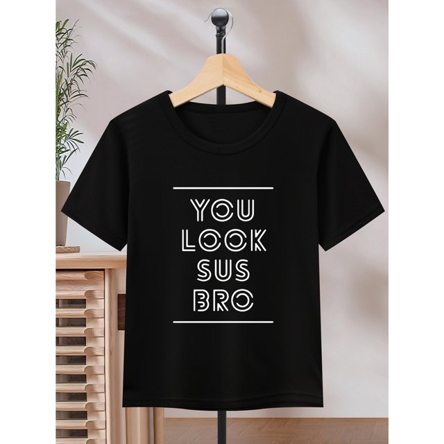 Fun Letter Print| Bright Yellow "YOU LOOK SUS BRO" Letter Print T-Shirt for Youngsters - Quick-Dry, Casual Round Neck Short Sleeve Tee, 100% Cotton, Machine Washable - Perfect for Summer