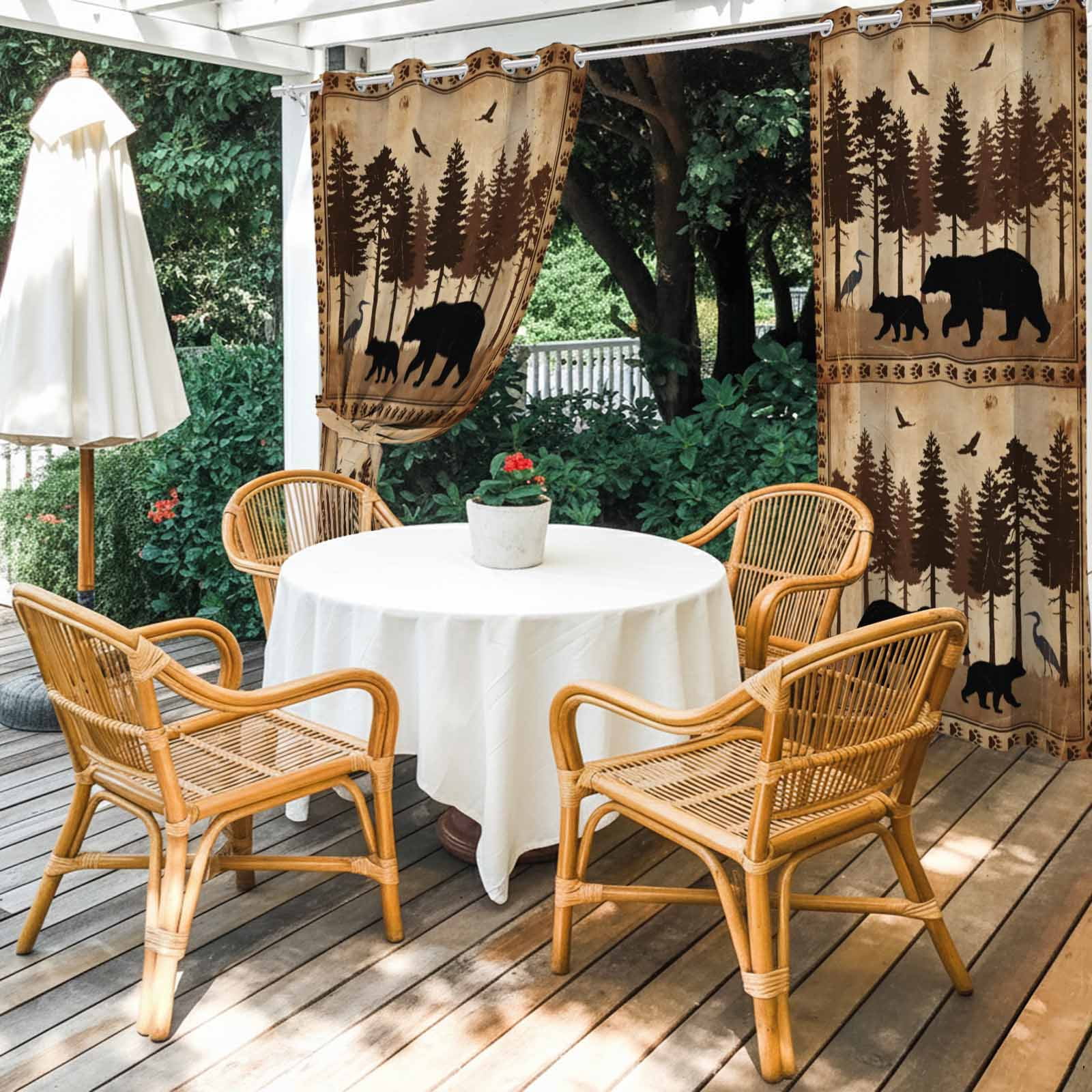 Wildlife Outdoor Curtains for Patio, Rustic Forest Birds Black Bear Silhouettes Sunshade Privacy Drapes Grommet Waterproof Outside Curtains for Porch/Cabana/Balcony 54"x 108", 1 Panel