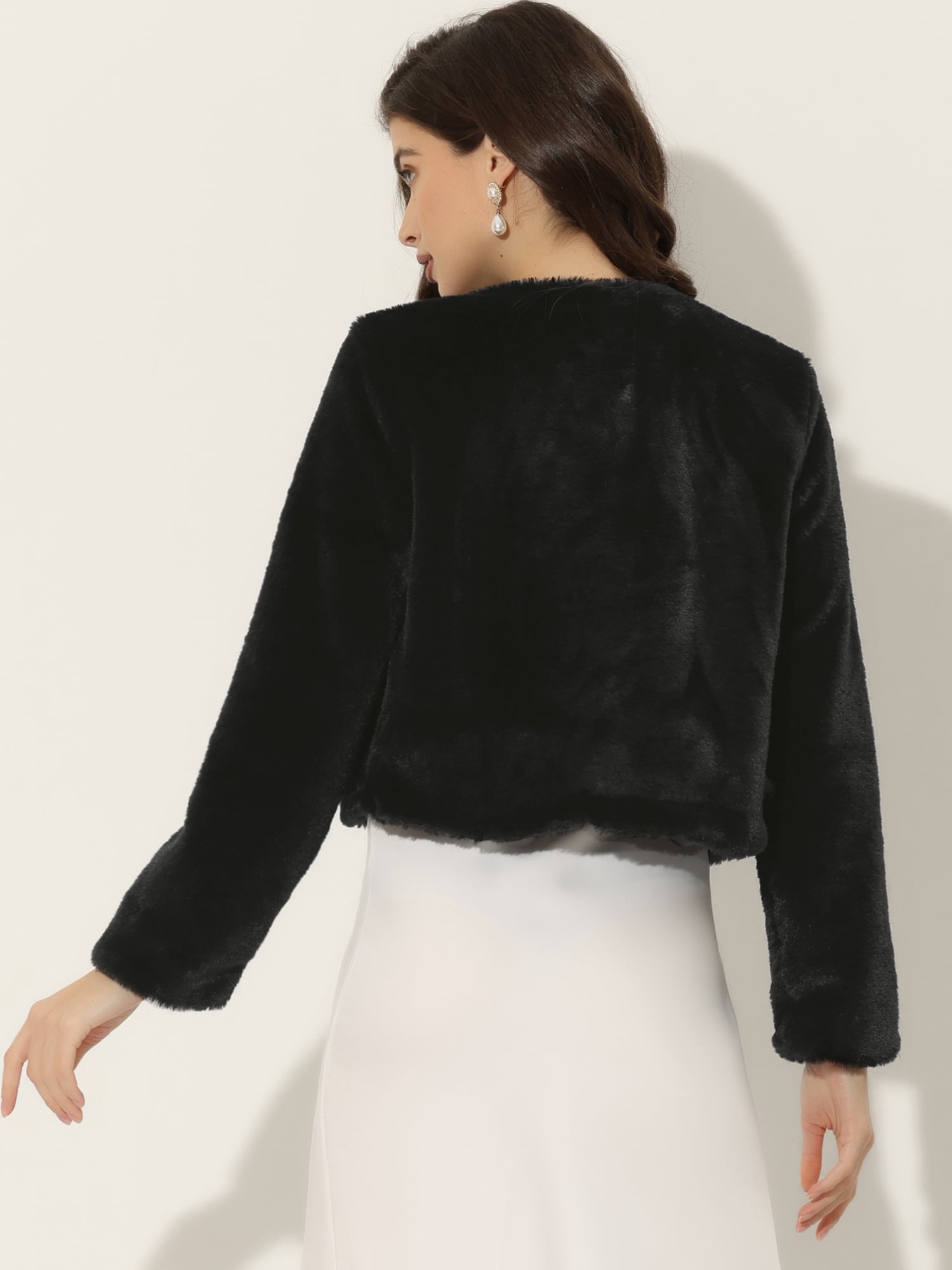 DARING DIVA Women's Faux Fur Cropped Open Front Jacket Bolero Coat M Black