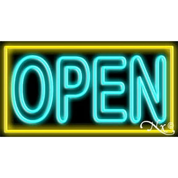 Double Stroke Aqua Open With Yellow Border LED Neon Sign 20 x 37 - inches, Clear Edge Cut Acrylic Backing, with Dimmer - Bright and Premium built indoor LED Neon Sign for storefront.