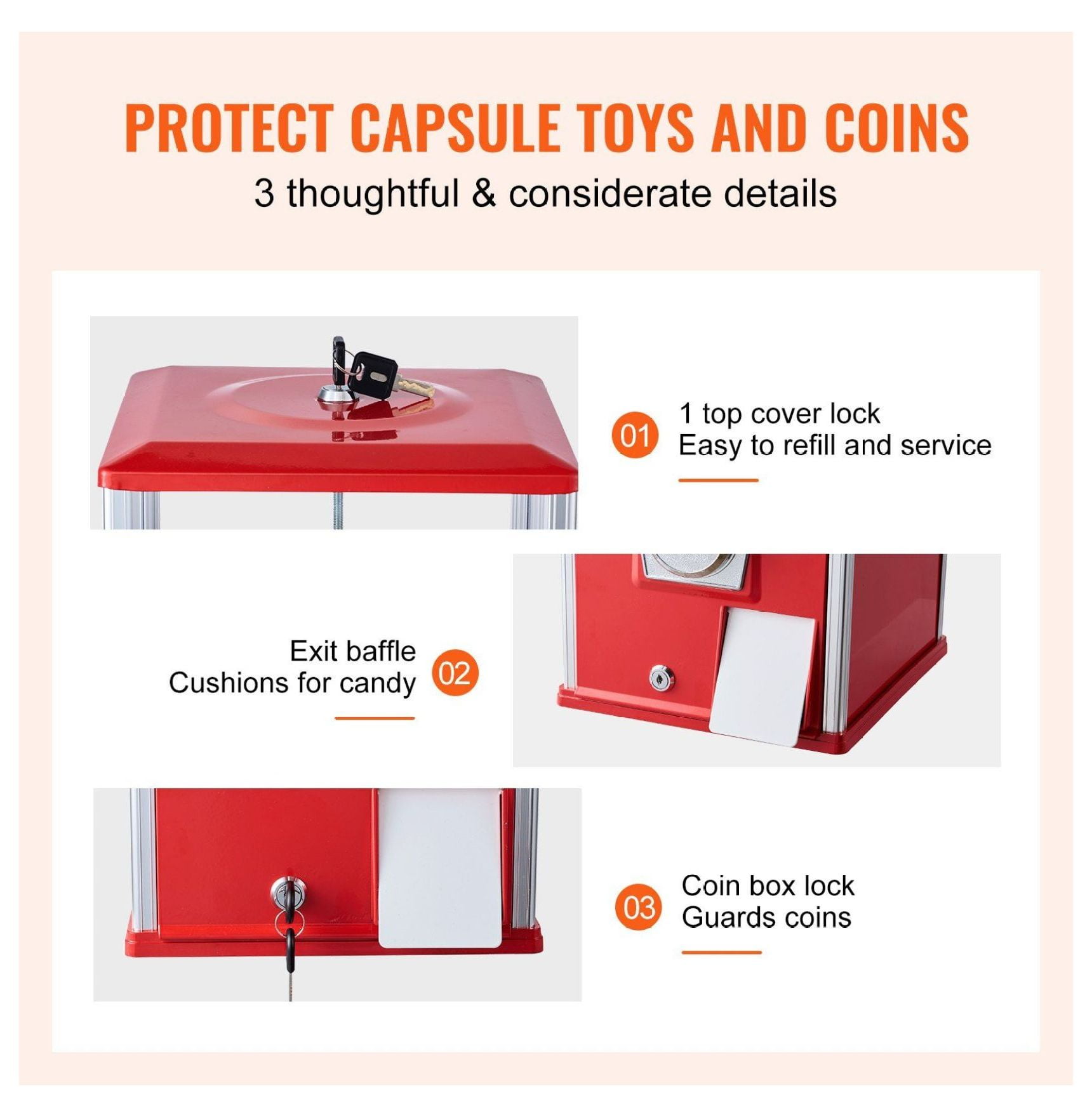 Gumball Machine for Kids, 25" Vending Machine, Capsule Toy Dispenser, Holds 230, Coin Operated, Red
