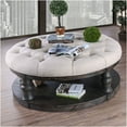 thumbnail image 6 of JERFIT 48 Inch Round Coffee Table with Shelf, Antique Grey Finish, Tufted Fabric Top, Rustic Solid Wood Base for Living Room, 6 of 6