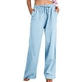 thumbnail image 3 of Pxxlle Plus Size Linen Pants Women Dressy Casual Straight Wide Leg Long Pant with Pockets Lightweight Elastic Waisted Drawstring Trousers Light Blue M, 3 of 10