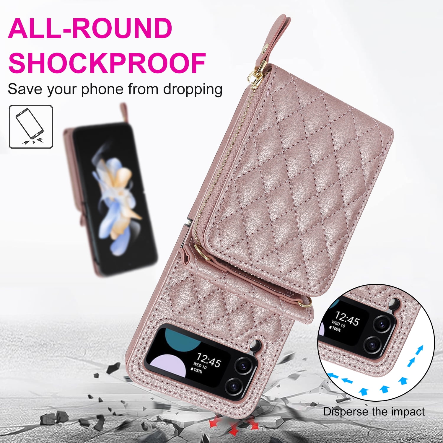 for Samsung Galaxy Z Flip 3 Crossbody Wallet Case with Card Holder 8-Card Slots Wallet Case with Adjustable Strap Soft PU Leather Protective Zipper Phone Case for Women Girls,Rosegold