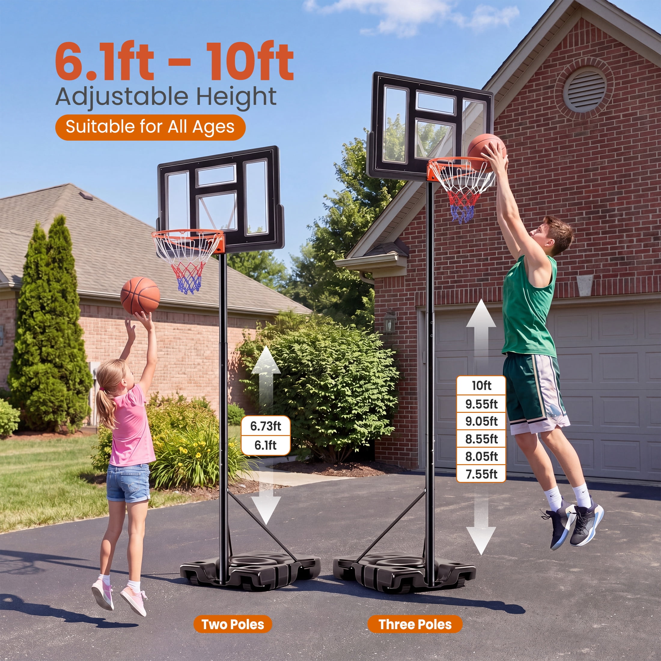 SHOUFTW 10 ft Basketball Hoop, Adjustable Portable System for Kids Youth & Adults, Indoor Outdoor Training Practice with Sturdy Stand, Black
