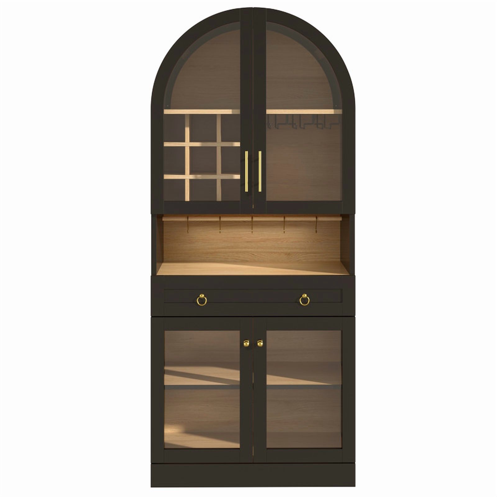 Mid-Century Bar Cabinet with Tempered Glass Doors & Drawer, Home Coffee Storage Cabinet with Hooks, Wine Racks & Glass Holders