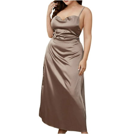 Plus Size Womens Lingerie Satin Chemise Spaghetti Straps Nightgown V Neck Sleepwear Sleepshirts Lounge Dresses Womens Clothes