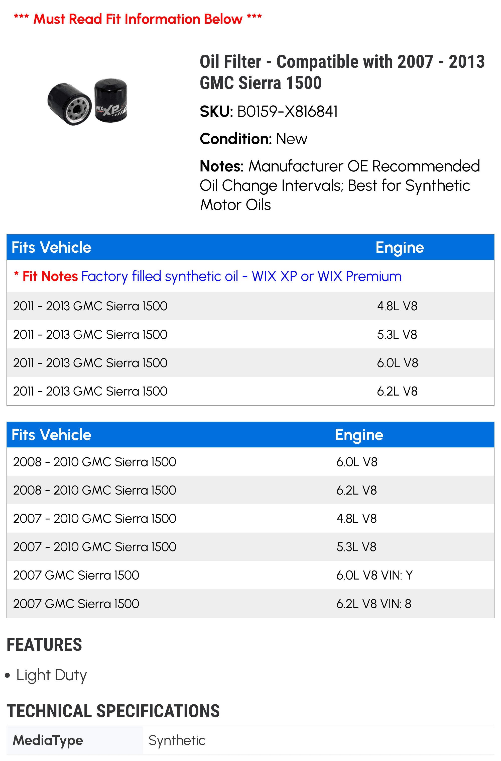 Oil Filter - Compatible with 2007 - 2013 GMC Sierra 1500 2008 2009 2010 2011 2012
