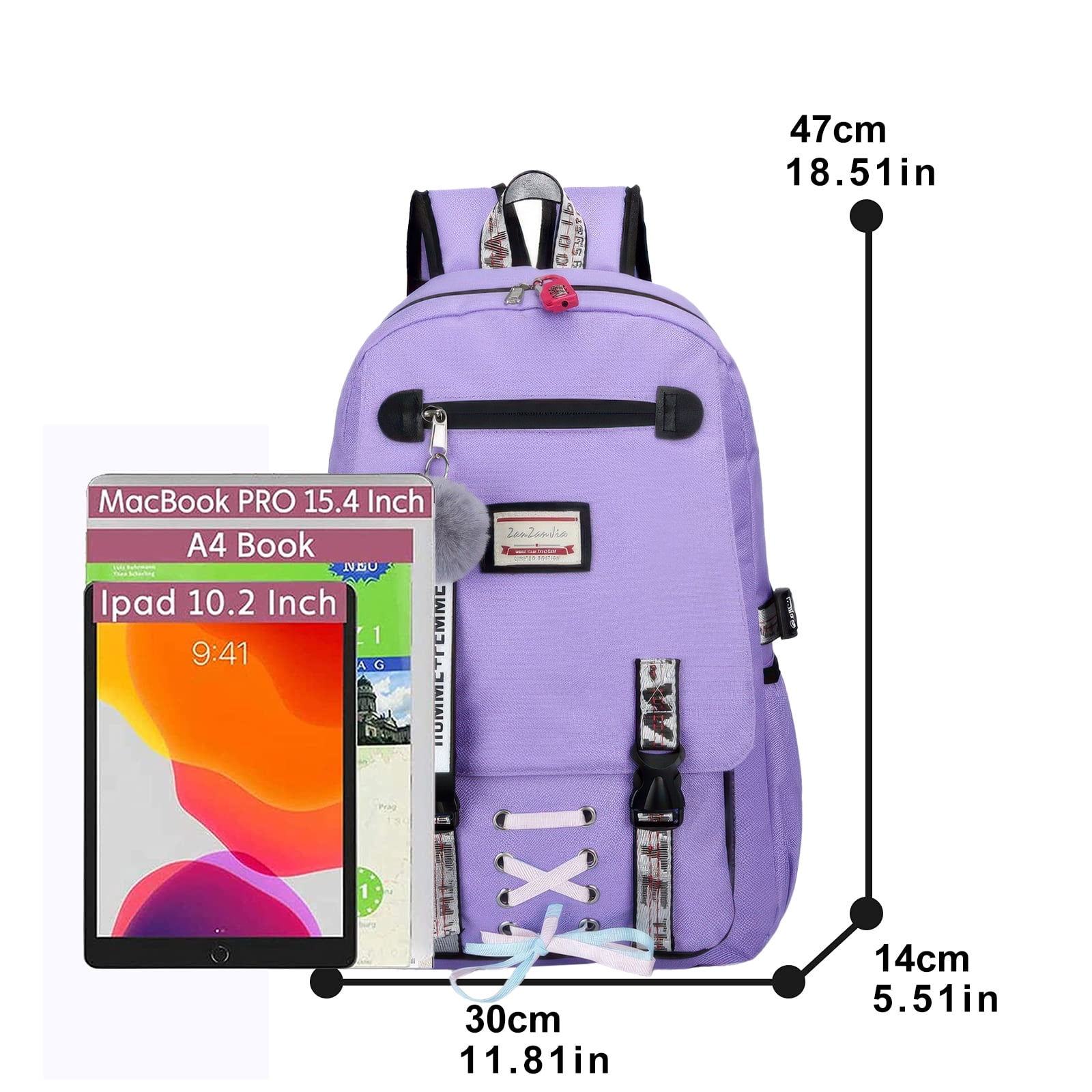 DAKIMOE Fashion Teenage School Backpack Student Middle School bag Men and Women Anti-theft Laptop Backpack with USB Charging Port, Purple