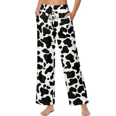 SCRAWLGOD Cow Print White Black Womens Palazzo Pants Drawstring High Waist Wide Leg Casual Pants Comfortable Stretchy Lightweight Flowy Trousers with Pockets XXL