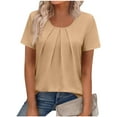 thumbnail image 2 of Women's Crew Neck Tops with Pleats Short Sleeve Dressy Casual Blouses Summer Solid Color T-shirts Loose Fit (2XL, Khaki), 2 of 7