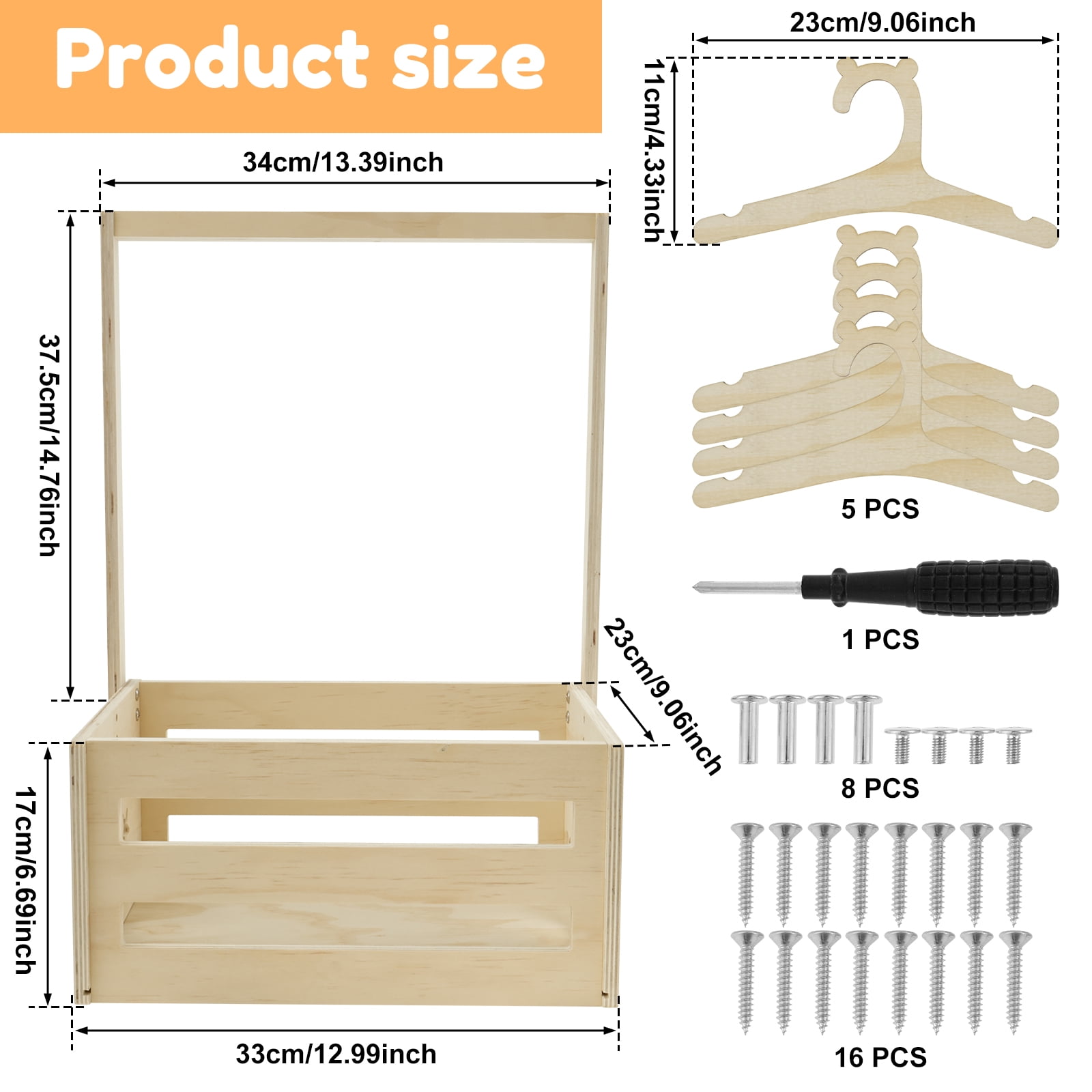 Xiyztok Baby Shower Crate Closet Smooth Wood Baby Shower Basket with Handle Storage Crate with 5 Hangers for New Born Baby Shower,21.45*13.39in