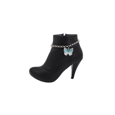 Women Silver Metal Chain Boot Bracelet Shoe Charm Blue Butterfly