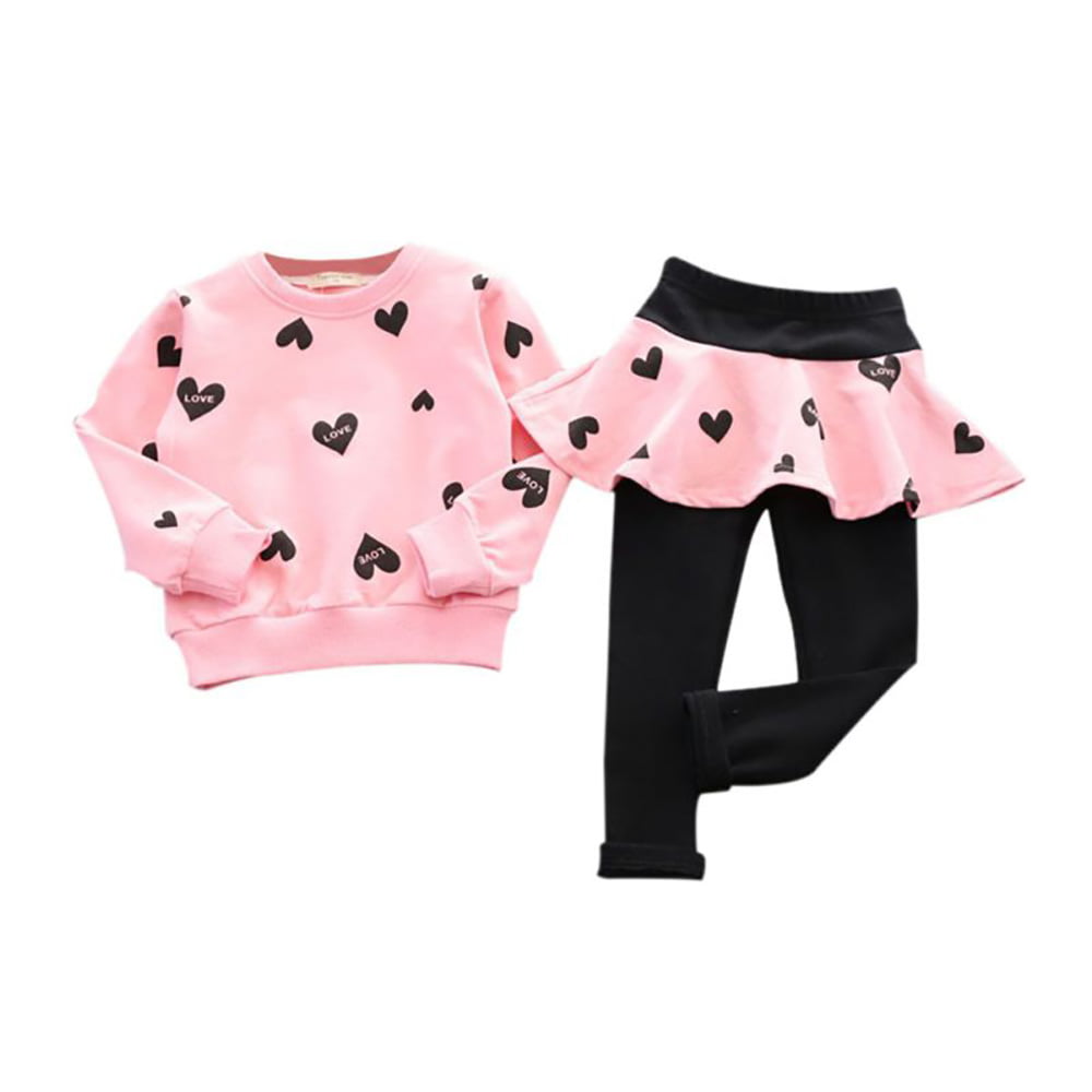 Kids Girl Heart Long Sleeve Tops Shirt Sweater+Skirt Pants Tracksuit 2PCS/Set US