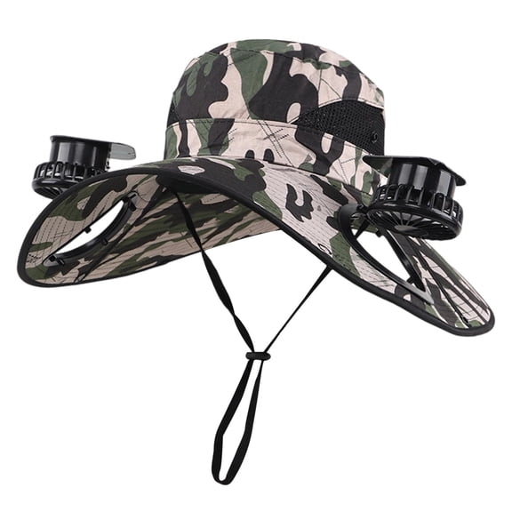 Outdoor Wide Brim Sun Hat with 2 Solar Fan Sun Bucket Hat for Men Women UPF 50 Camo Bucket Fishing & Beach Hat with Fan Built in