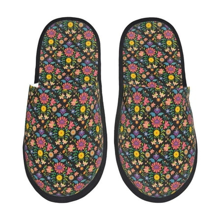 Balery Mexican Folk Art Floral Slient Indoor Furry Fleece Comfort House Shoes Soft Non-Slip Home Shoes Cotton slippers House Slippers-- Medium