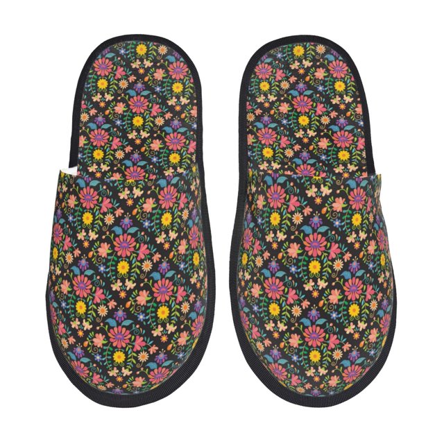 Balery Mexican Folk Art Floral Pantuflas de Casa de Felpa Silenciosas con Diseño Estampado, Zapatillas Cómodas Antideslizantes de Algodón para Interior-Large