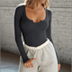 thumbnail image 5 of Blusa Informal Básica de Punto Acanalado, Ajustada, con Cuello Redondo y Larga para Mujer Gris Oscuro S, 5 of 9