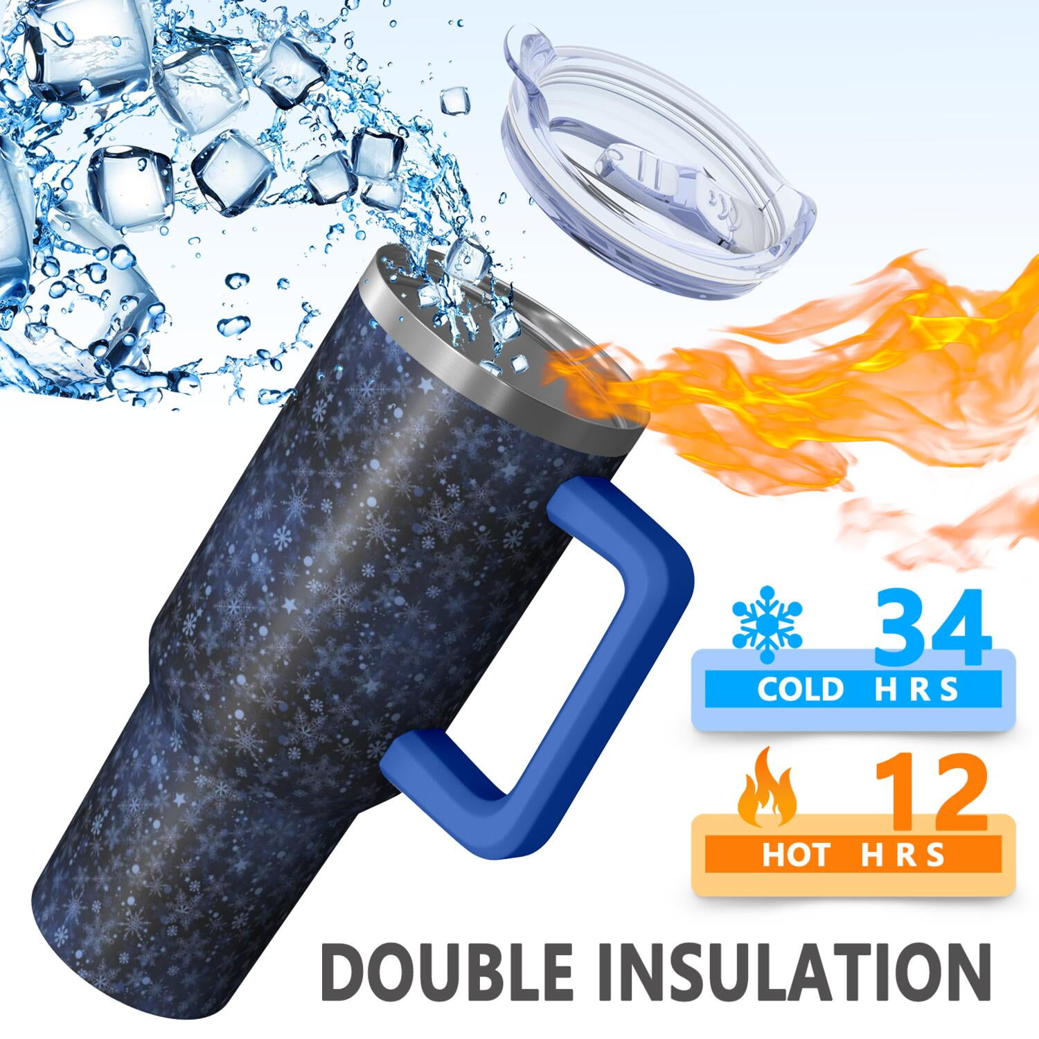 Dark Blue Christmas Snowflake Pattern Tumbler with Handle and Lid,40oz Double Wall Vacuum Insulated Tumbler,Cups Gift for Women and Men