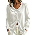 thumbnail image 2 of VJGBEGW Women Velvet Peter Pan Collar Button Down Blouses Long Sleeve oft Velour Shirts Loose Fit Dressy Casual Tops White S, 2 of 6