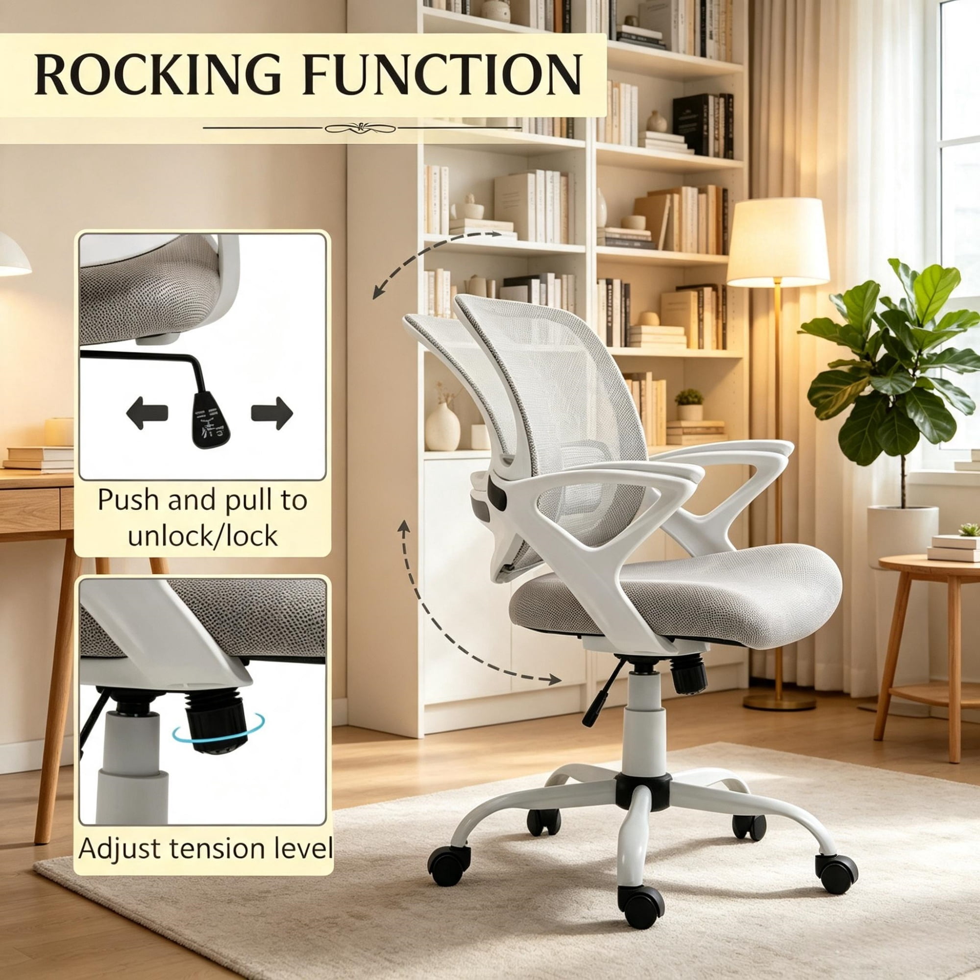 Mid-Back Mesh Office Chair for Long Hours Working, Swivel Computer Chair, Rocking Function, Rolling Wheels, Gray