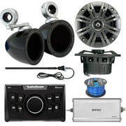 Rockford Fosgate PMX-0 Ultra Compact Bluetooth Marine Boat Receiver Bundle Combo W/ 2x Kicker 4" Charcoal Audio Speakers W/ 2x Black Wakeboards + Enrock 4-Channel Amplifier + Antenna + 50Ft Wire