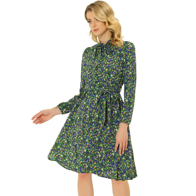 INSPIRE CHIC Robe Ceinturée à Imprimé Floral Vintage en Mousseline à Manches Longues à Col Noué pour Femme